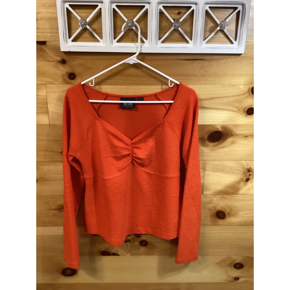 Maeve Anthropologie Orange Textured Sweetheart Ruched Long Sleeve Top Large